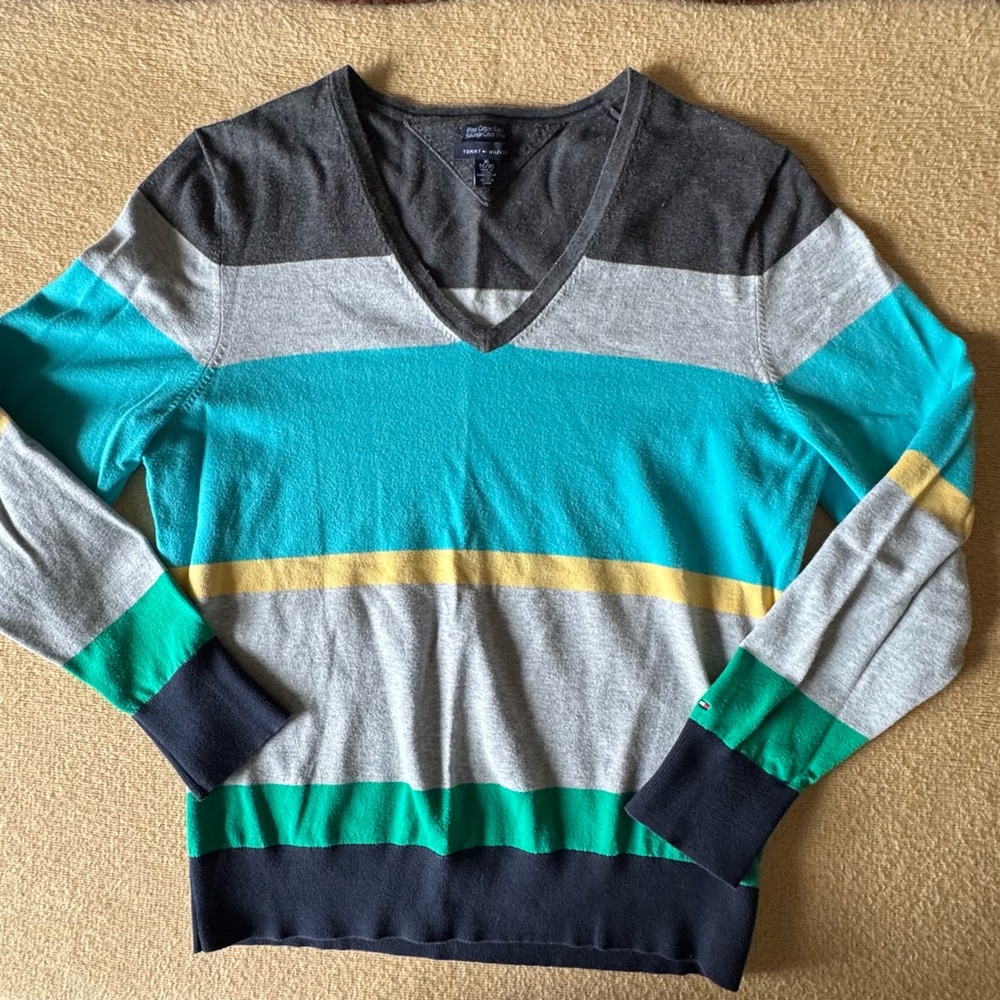 Tommy Hilfiger Women’s  Teal, Gray & Navy V-Neck Sweater with Yellow Accent